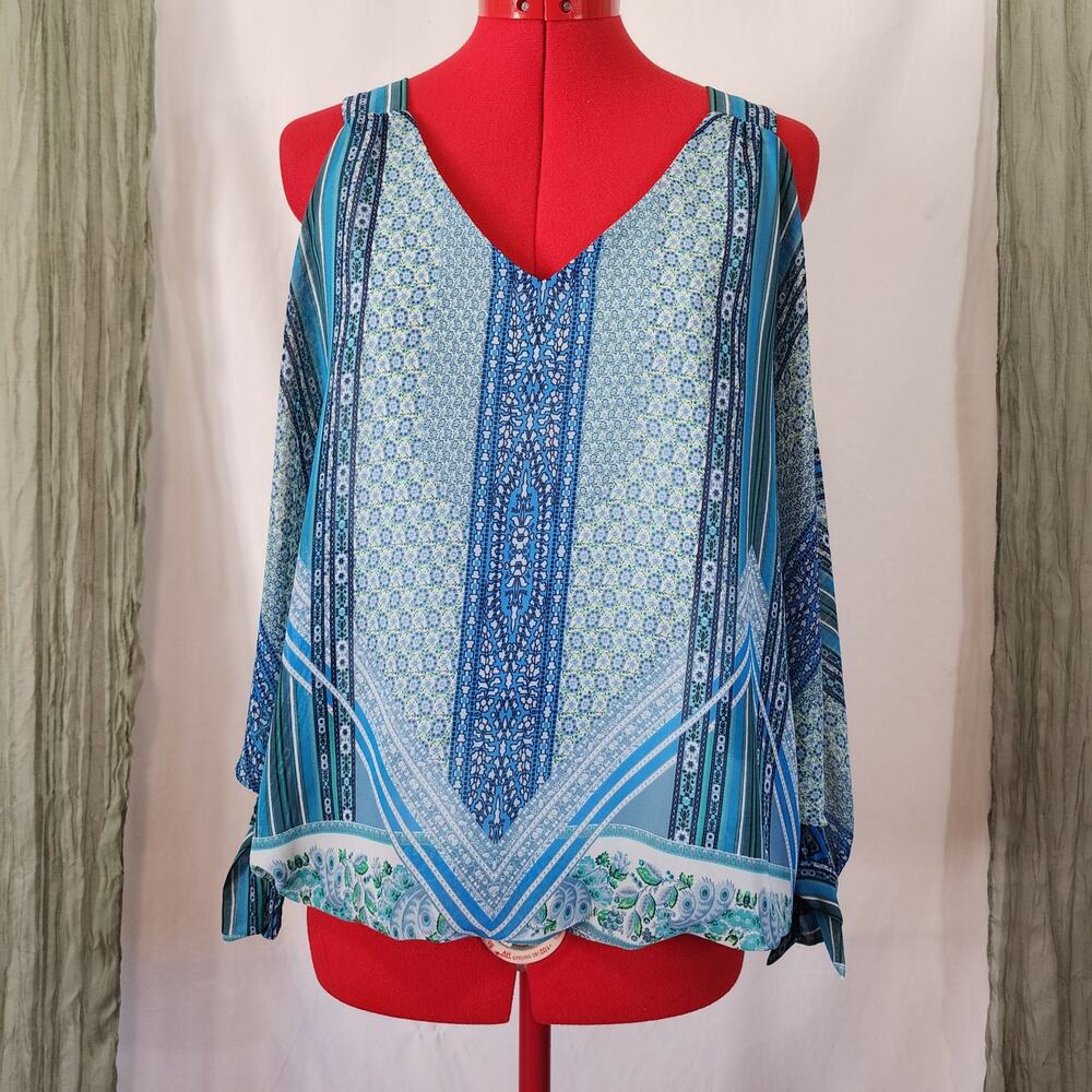 Coco Bianca Blue Floral Shoulder Cut Outs Lined Silky Blouse Size M